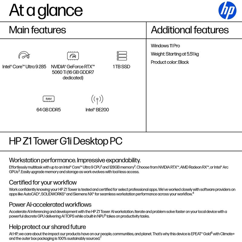 HP Z1 Tower G1i Intel Core Ultra 9 285 64 GB DDR5-SDRAM 1 TB SSD NVIDIA GeForce RTX 5060 Ti Windows 11 Pro Workstation AI Workstation, AI PC Black