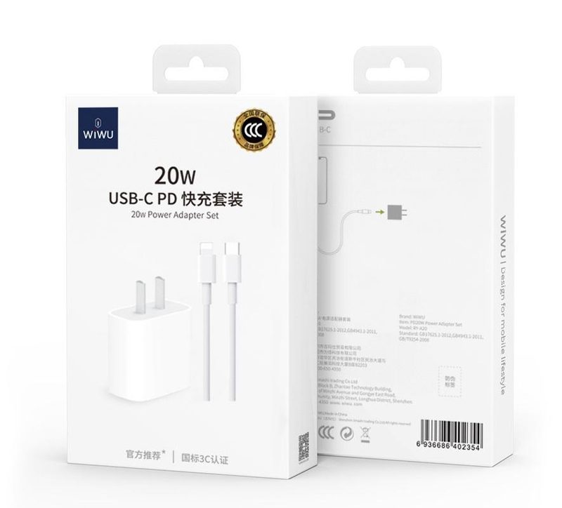 WiWU PD 20W Fast Charger Power Adapter Set with Cable for iPhone Cell Phone Wall Chargers