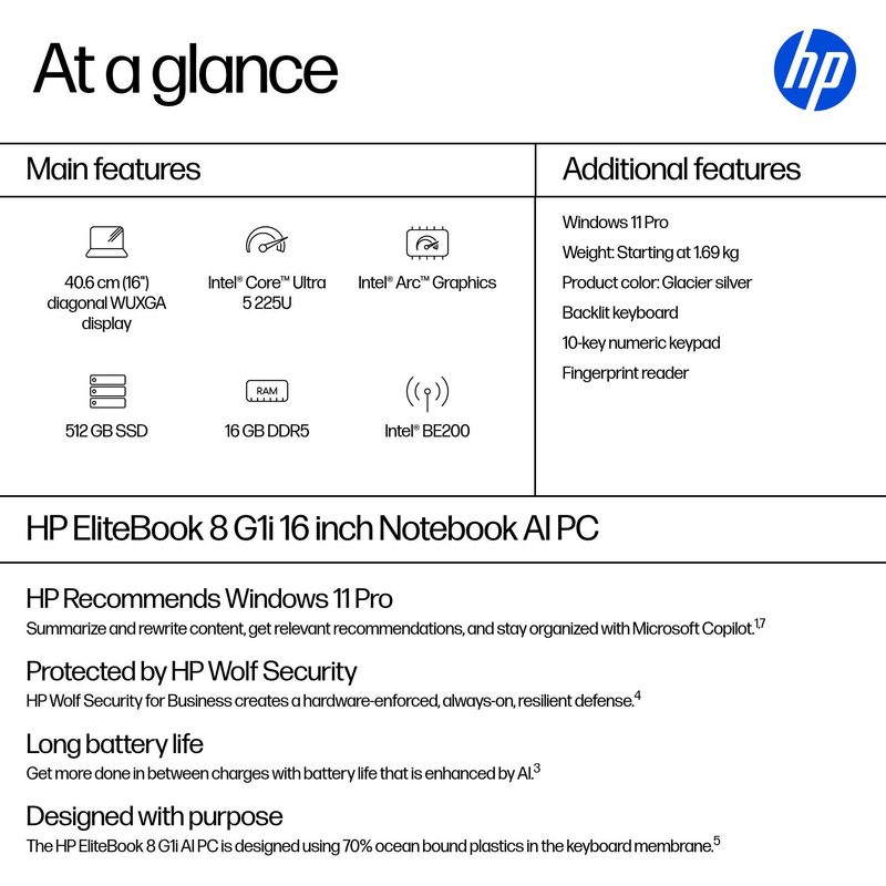 HP EliteBook 8 G1i AI Intel Core Ultra 5 225U Laptop 40.6 cm (16") WUXGA 16 GB DDR5-SDRAM 512 GB SSD Wi-Fi 7 (802.11be) Windows 11 Pro AI PC Silver