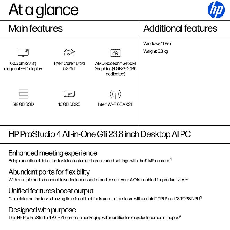 HP ProStudio 4 G1i AI PC Intel Core Ultra 5 225T 60.5 cm (23.8") 1920 x 1080 pixels All-in-One PC 16 GB DDR5-SDRAM 512 GB SSD Windows 11 Pro Wi-Fi 6E (802.11ax) Black