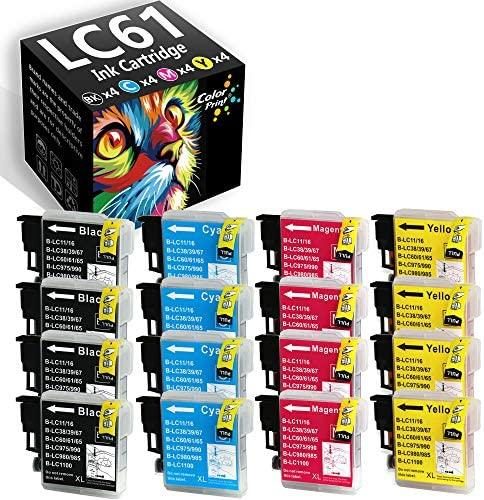 16-Pack ColorPrint Compatible LC61 Ink Cartridge Replacement for Brother LC-61 LC 61 LC65 LC65 Work with MFC-J615W MFC-5895CW MFC-290C MFC-5490CN MFC-790CW MFC-J630W MFC-490CW Printer (4BK,4C,4M,4Y)