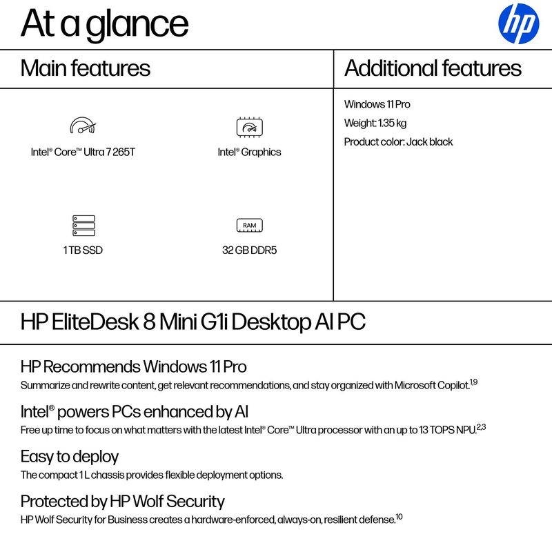 HP EliteDesk 8 Mini G1i AI Intel Core Ultra 7 265T 32 GB DDR5-SDRAM 1 TB SSD Windows 11 Pro Mini PC AI PC Black