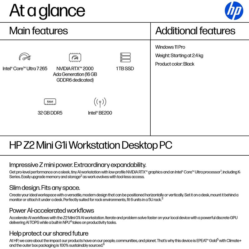 HP Z2 G1i Intel Core Ultra 7 265 32 GB DDR5-SDRAM 1 TB SSD NVIDIA RTX 2000 Ada Windows 11 Pro Mini PC Workstation AI Workstation, AI PC Black