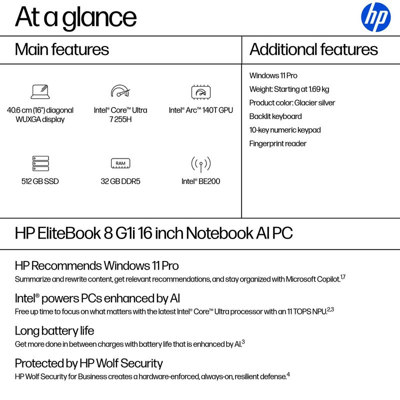HP EliteBook 8 G1i AI PC Intel Core Ultra 7 255H Laptop 40.6 cm (16") WUXGA 32 GB DDR5-SDRAM 512 GB SSD Wi-Fi 7 (802.11be) Windows 11 Pro Silver