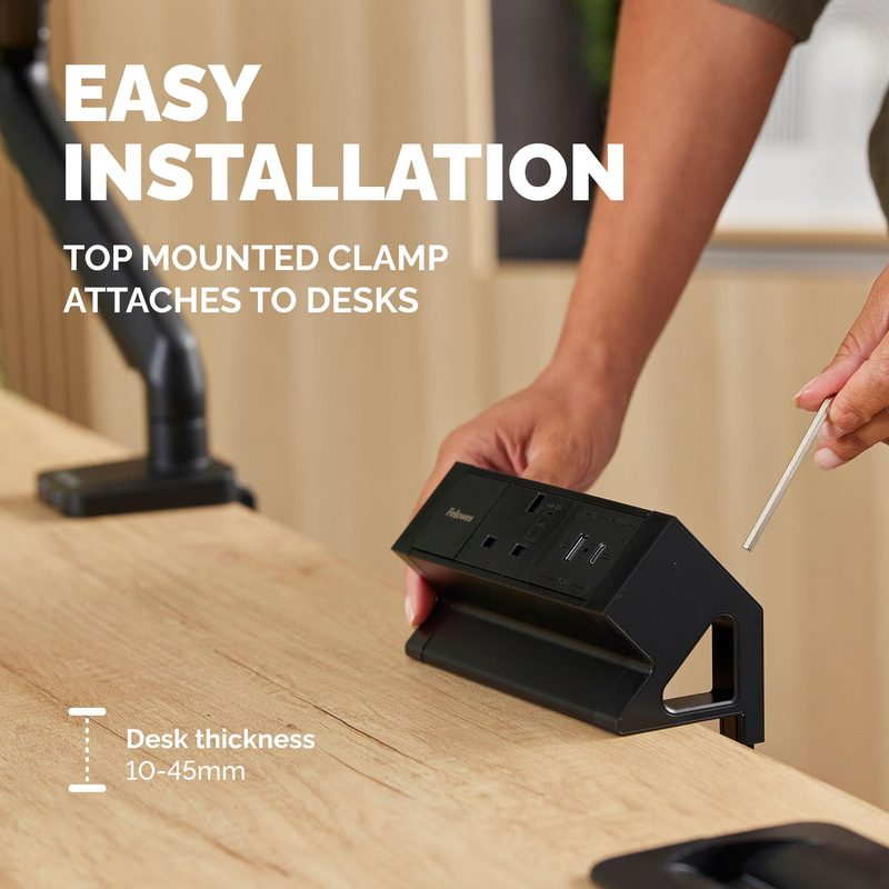 Fellowes Power Desk Type G Clamp Fit 1x230v 1xUSB-A 1x USB-C Socket 2m Cable Black - 100136980 1 AC outlet(s) Indoor
