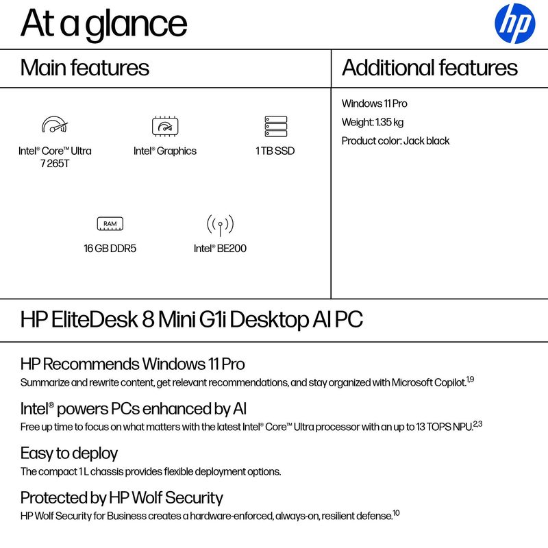 HP EliteDesk 8 Mini G1i AI Intel Core Ultra 7 265T 16 GB DDR5-SDRAM 1 TB SSD Windows 11 Pro Mini PC AI PC Black