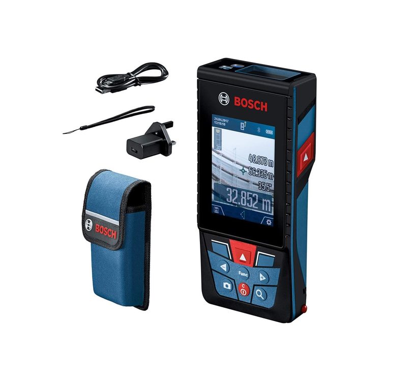 Bosch Professional laser measure GLM 120 C (integrated camera, data transfer via Bluetooth, range: 0.08–120 m, carrying strap, micro USB cable and charger)