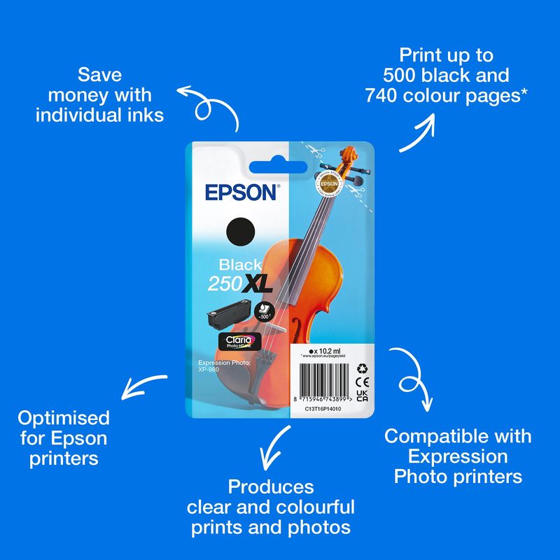 Epson Singlepack Black 250XL Violin Claria Photo HD Ink