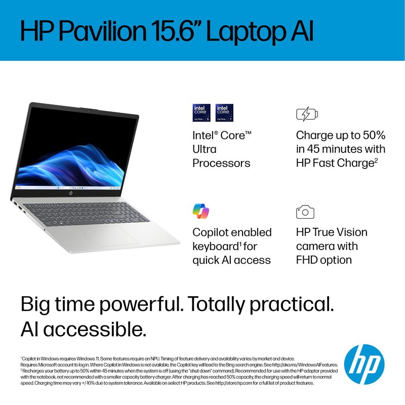 HP AI 15-fd2002na Intel Core Ultra 5 225U Laptop 39.6 cm (15.6") Full HD 16 GB DDR5-SDRAM 512 GB SSD Wi-Fi 6 (802.11ax) Windows 11 Home AI PC Silver