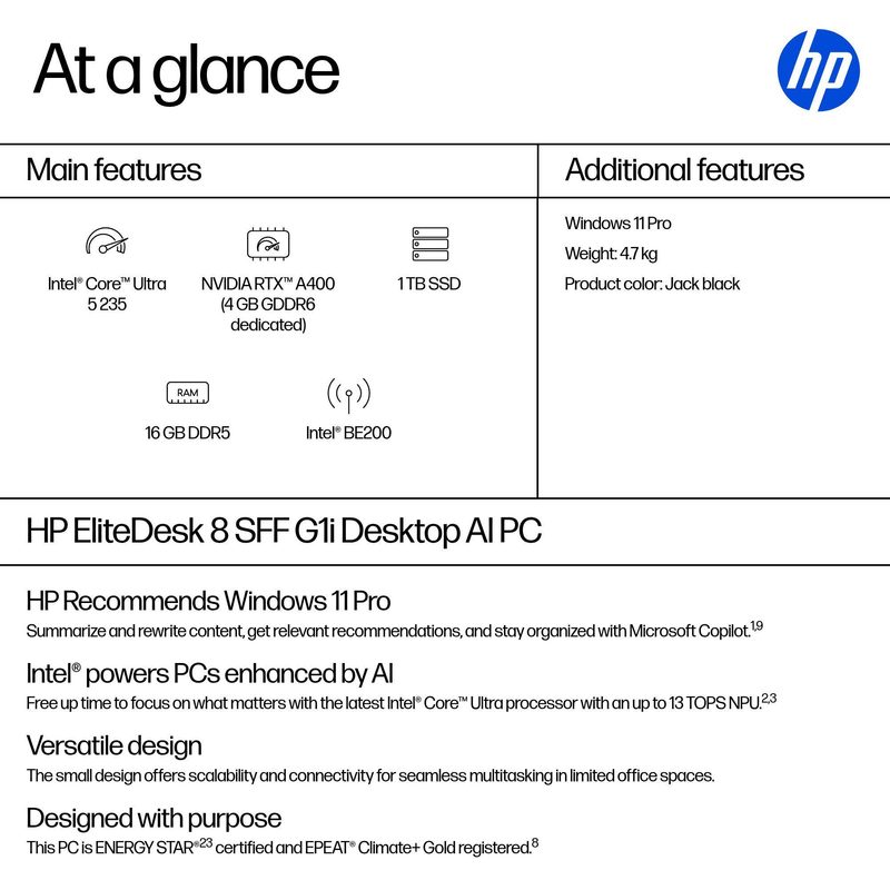HP EliteDesk 8 G1i AI Intel Core Ultra 5 235 16 GB DDR5-SDRAM 1 TB SSD NVIDIA RTX A400 Windows 11 Pro SFF PC AI PC Black