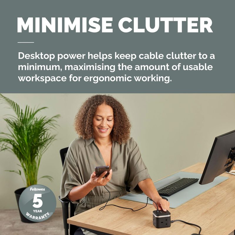 Fellowes Power Cube with 3 Power Socket Extension USB-A & USB-C Ports Black