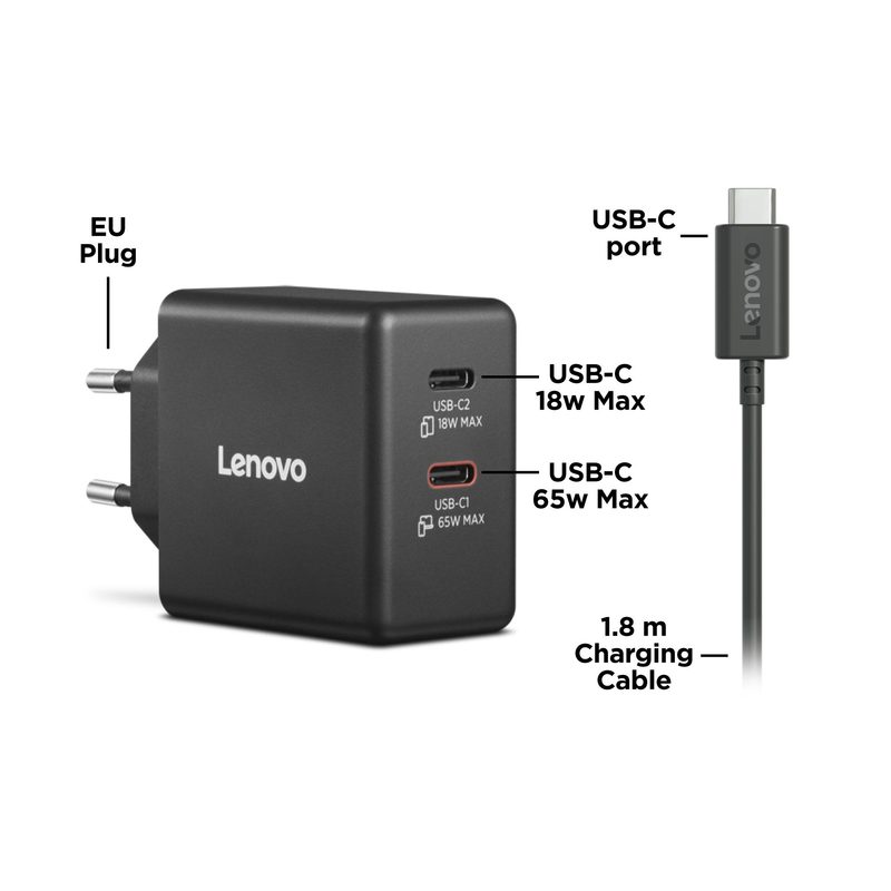 Lenovo Dual USB-C 65W GaN Charger Universal Black AC Indoor