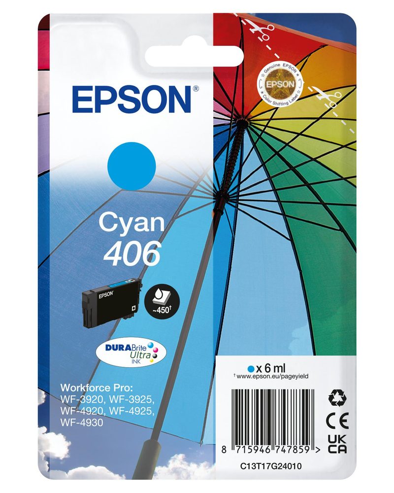 Epson Singlepack Cyan 406 Umbrella DURABrite Ultra Ink