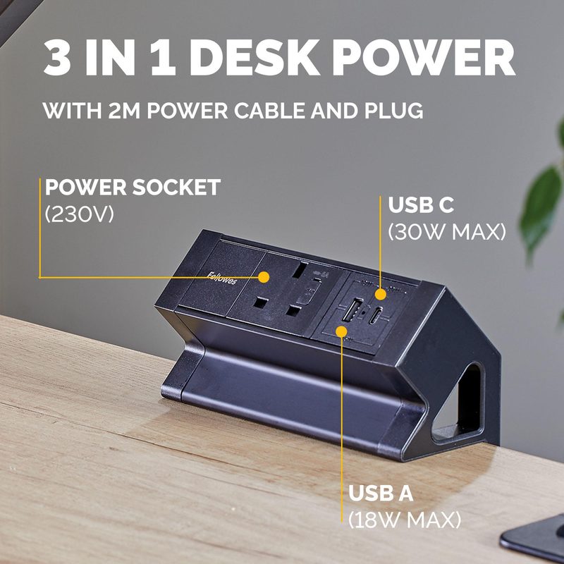 Fellowes Power Desk Type G Clamp Fit 1x230v 1xUSB-A 1x USB-C Socket 2m Cable Black - 100136980 1 AC outlet(s) Indoor