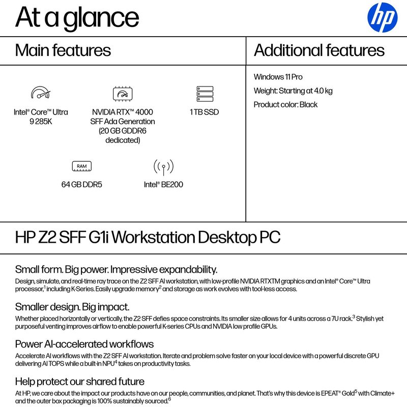 HP Z2 SFF G1i Intel Core Ultra 9 285K 64 GB DDR5-SDRAM 1 TB SSD NVIDIA RTX 4000 Ada Windows 11 Pro Workstation AI Workstation, AI PC Black