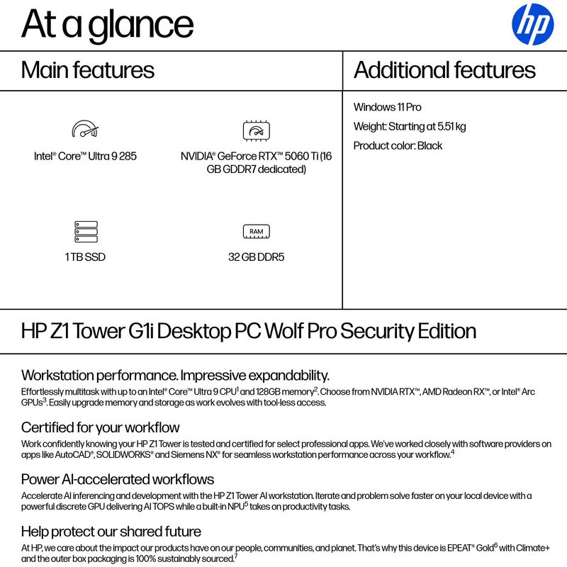 HP Z1 Tower G1i Desktop PC Wolf Pro Security Edition Intel Core Ultra 9 285 32 GB DDR5-SDRAM 1 TB SSD NVIDIA GeForce RTX 5060 Ti Windows 11 Pro Workstation AI Workstation, AI PC Black