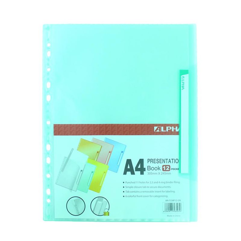 Alpha F334P12-GN Presentation Book 12 Pocket With 11 Holes