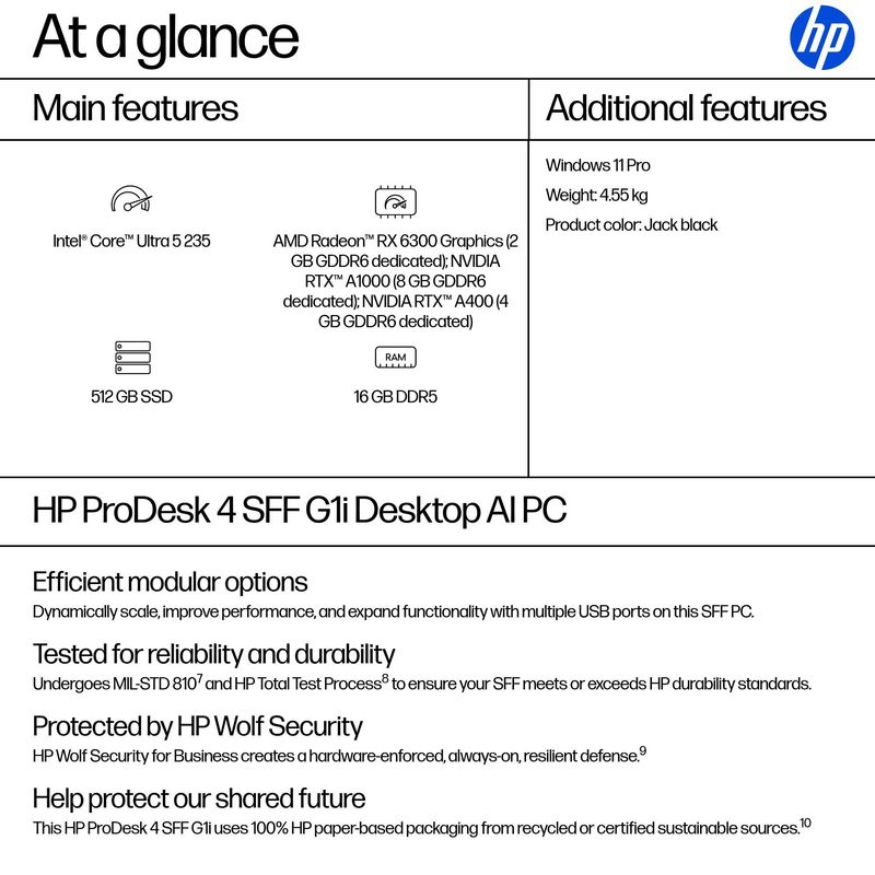 HP ProDesk 4 SFF G1i AI PC Intel Core Ultra 5 235 16 GB DDR5-SDRAM 512 GB SSD Windows 11 Pro Black