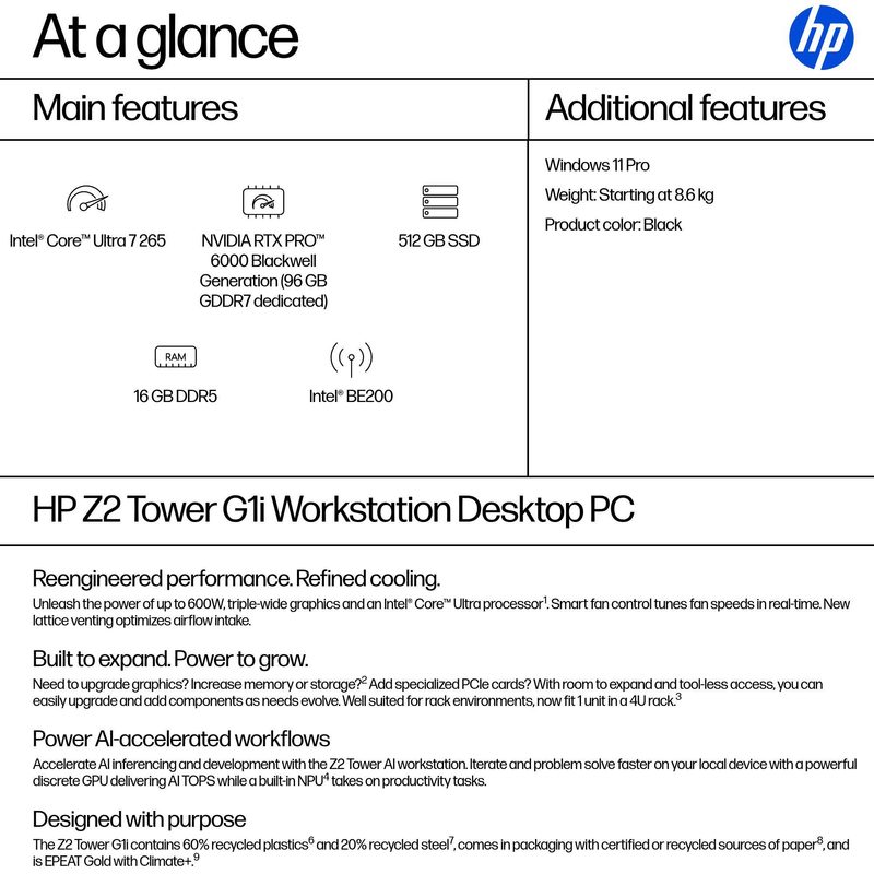 HP Z2 Tower G1i Intel Core Ultra 7 265 16 GB DDR5-SDRAM 512 GB SSD Windows 11 Pro Workstation AI Workstation, AI PC Black