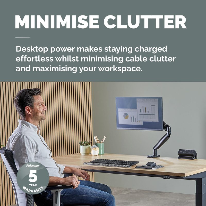 Fellowes Power Desk Type G Clamp Fit 1x230v 1xUSB-A 1x USB-C Socket 2m Cable Black - 100136980 1 AC outlet(s) Indoor