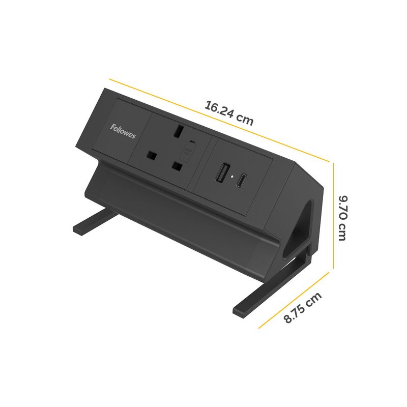 Fellowes Power Desk Type G Clamp Fit 1x230v 1xUSB-A 1x USB-C Socket 2m Cable Black - 100136980 1 AC outlet(s) Indoor
