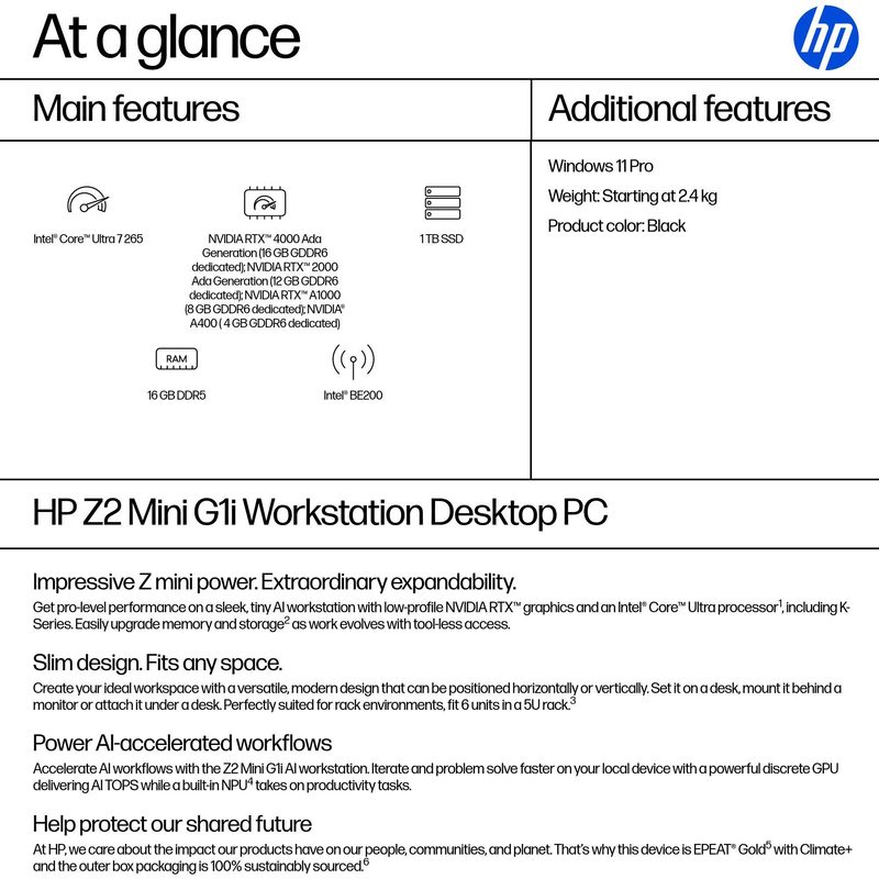 HP Z2 G1i Intel Core Ultra 7 265 16 GB DDR5-SDRAM 1 TB SSD Windows 11 Pro Mini PC Workstation AI Workstation, AI PC Black