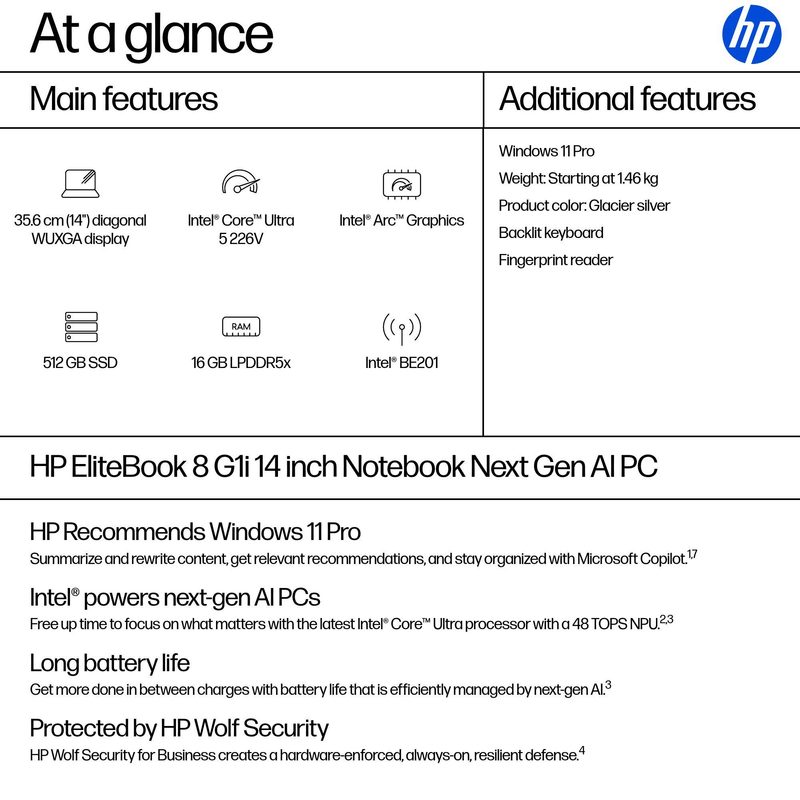 HP EliteBook 8 G1i Next Gen AI Copilot+ PC Intel Core Ultra 5 226V Laptop 35.6 cm (14") WUXGA 16 GB LPDDR5x-SDRAM 512 GB SSD Wi-Fi 7 (802.11be) Windows 11 Pro Silver
