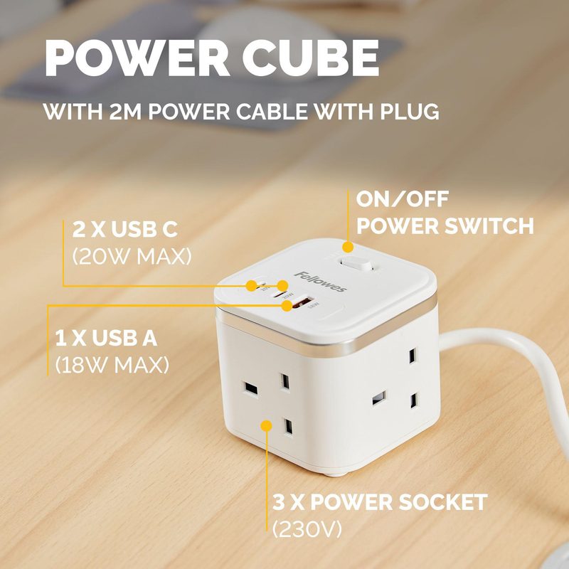 Fellowes Power Cube with 3 Power Socket Extension USB-A & USB-C Ports White