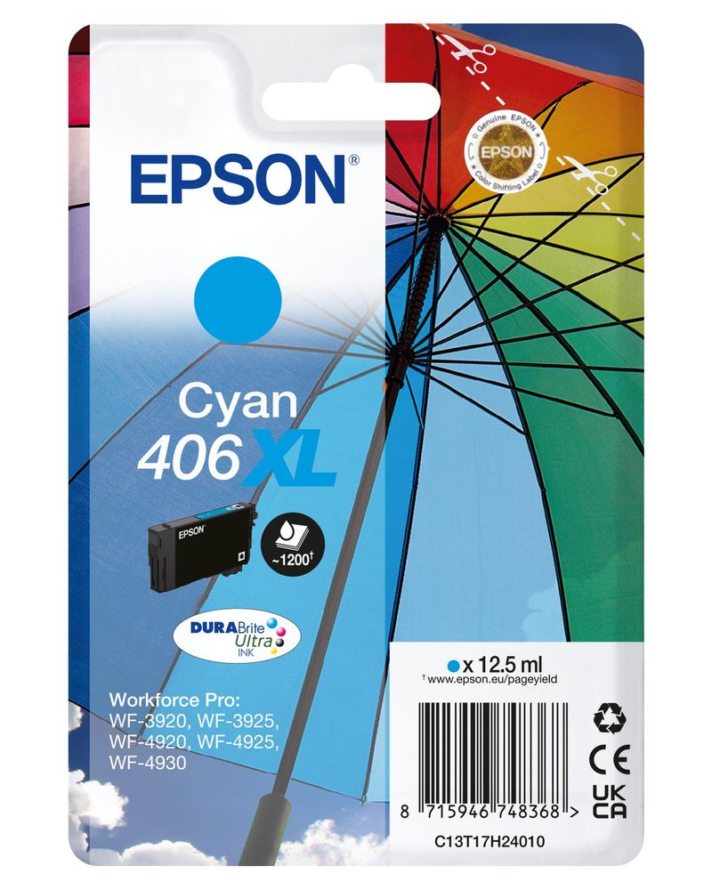 Epson Singlepack Cyan 406XL Umbrella DURABrite Ultra Ink