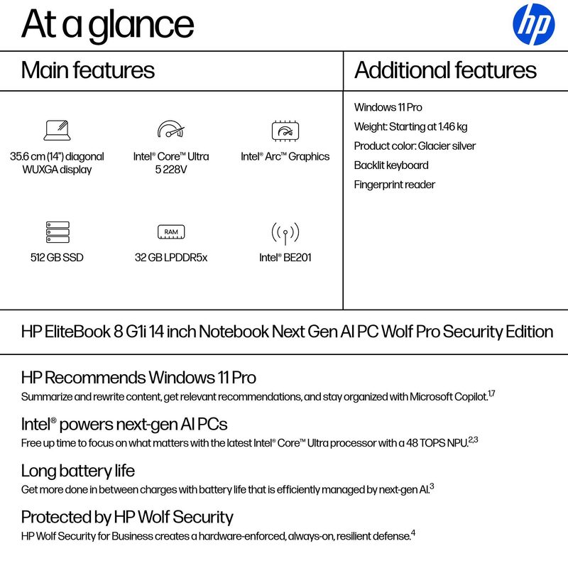 HP EliteBook 8 G1i 14 inch Notebook Next Gen AI PC Wolf Pro Security Edition Copilot+ PC Intel Core Ultra 5 228V Laptop 35.6 cm (14") WUXGA 32 GB LPDDR5x-SDRAM 512 GB SSD Wi-Fi 7 (802.11be) Windows 11 Pro Silver