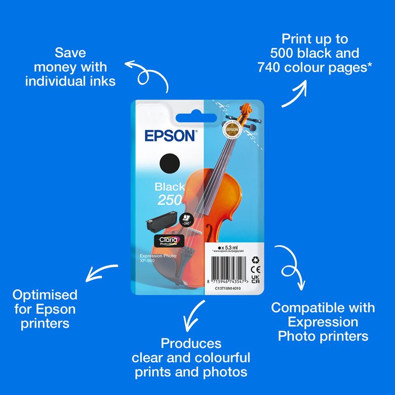 Epson Singlepack Black 250 Violin Claria Photo HD Ink
