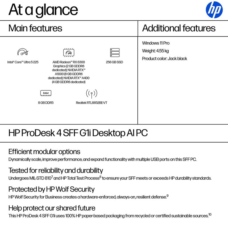 HP ProDesk 4 SFF G1i AI PC Intel Core Ultra 5 225 8 GB DDR5-SDRAM 256 GB SSD Windows 11 Pro Black