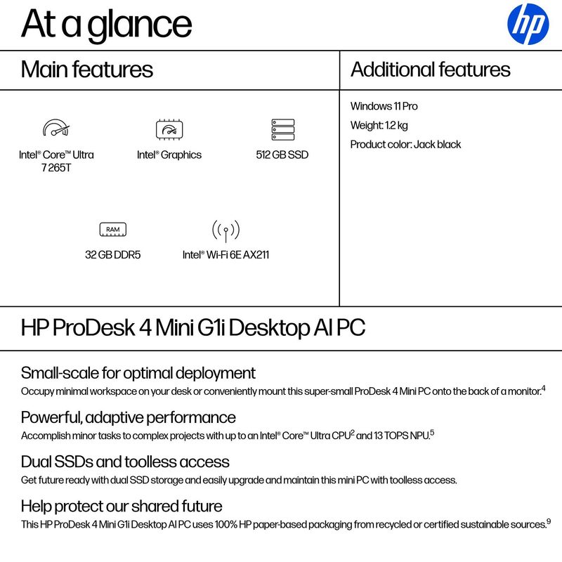 HP ProDesk 4 Mini G1i AI Intel Core Ultra 7 265T 32 GB DDR5-SDRAM 512 GB SSD Windows 11 Pro Mini PC AI PC Black