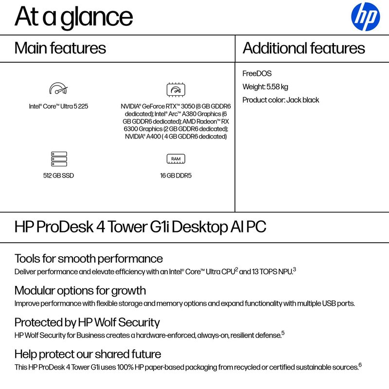 HP ProDesk 4 G1i Intel Core Ultra 5 225 16 GB DDR5-SDRAM 512 GB SSD FreeDOS Tower PC AI PC Black