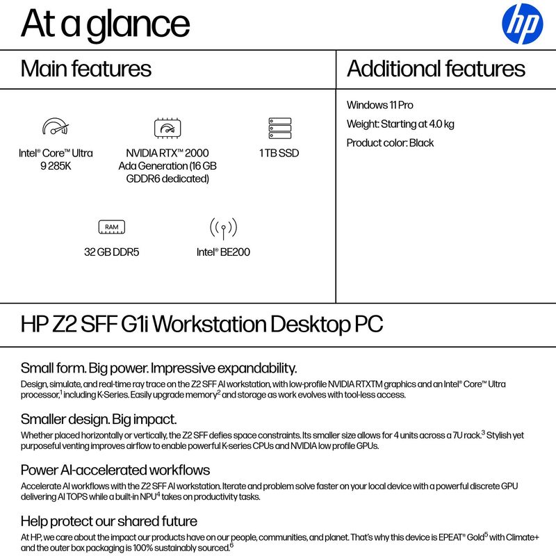 HP Z2 SFF G1i Intel Core Ultra 9 285K 32 GB DDR5-SDRAM 1 TB SSD NVIDIA RTX 2000 Ada Windows 11 Pro Workstation AI Workstation, AI PC Black