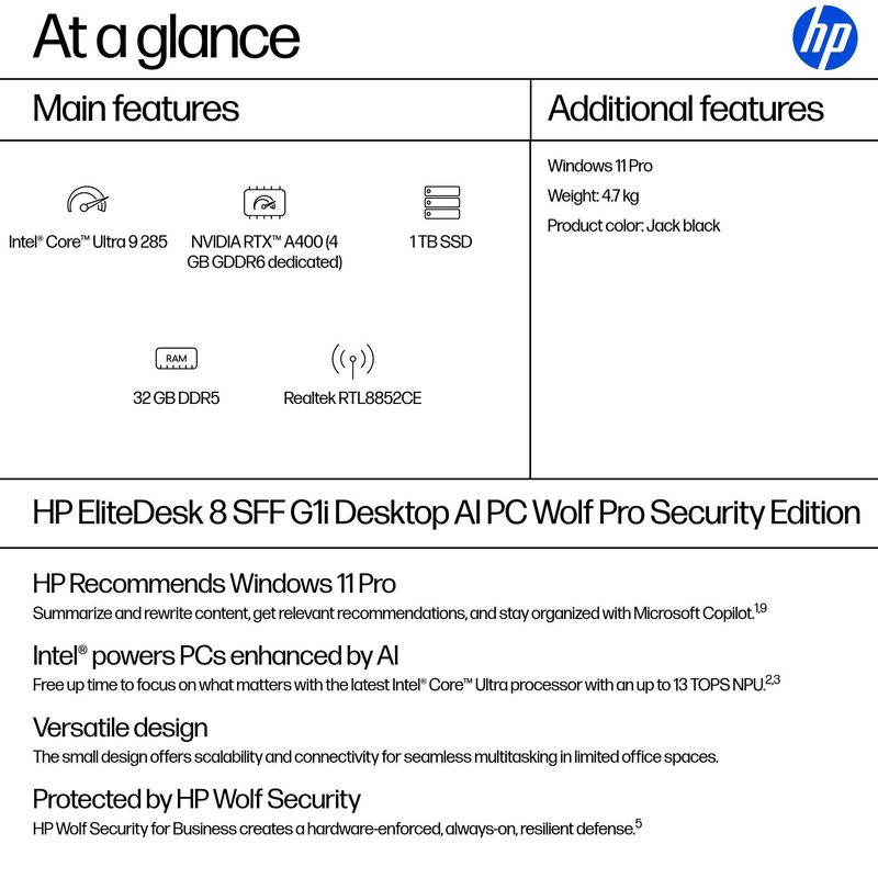 HP EliteDesk 8 SFF G1i AI Wolf Pro Security Edition Intel Core Ultra 9 285 32 GB DDR5-SDRAM 1 TB SSD NVIDIA RTX A400 Windows 11 Pro PC AI PC Black