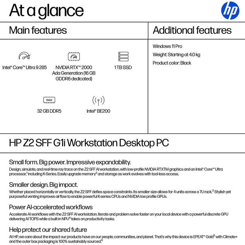 HP Z2 SFF G1i Intel Core Ultra 9 285 32 GB DDR5-SDRAM 1 TB SSD NVIDIA RTX 2000 Ada Windows 11 Pro Workstation AI Workstation, AI PC Black