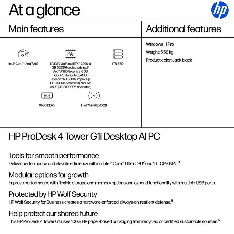 HP ProDesk 4 Tower G1i Desktop AI PC Intel Core Ultra 7 265 16 GB DDR5-SDRAM 1 TB SSD Windows 11 Pro Black