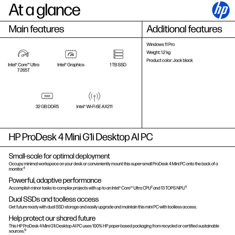 HP ProDesk 4 Mini G1i AI Intel Core Ultra 7 265T 32 GB DDR5-SDRAM 1 TB SSD Windows 11 Pro Mini PC AI PC Black