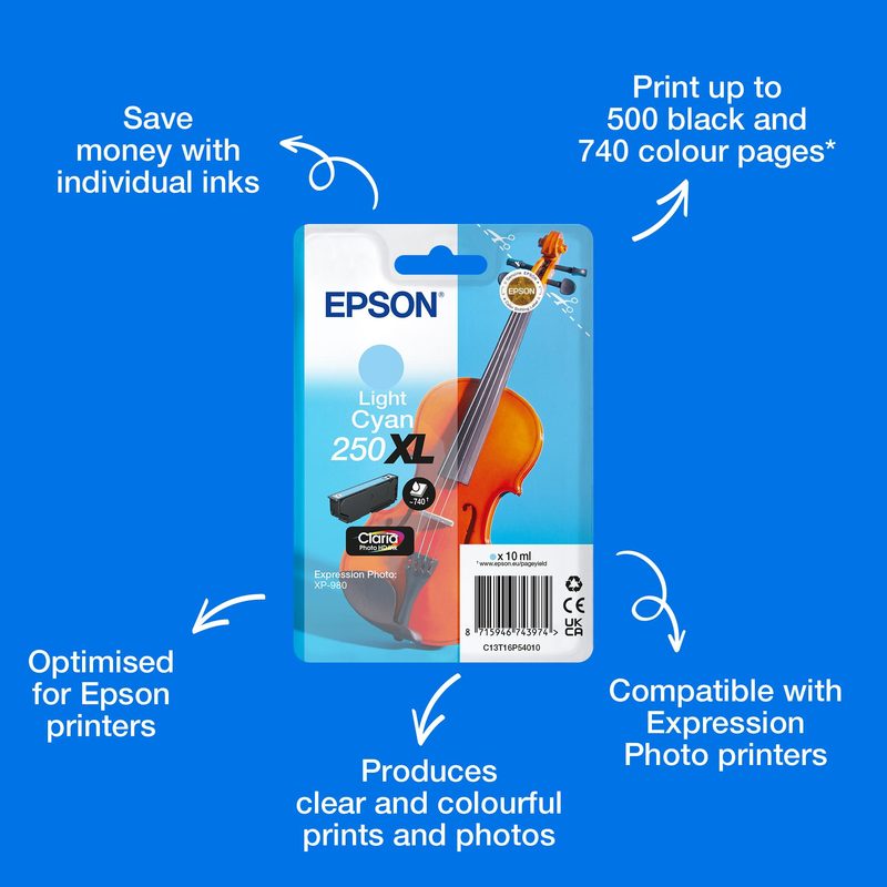 Epson Singlepack Light Cyan 250XL Violin Claria Photo HD Ink