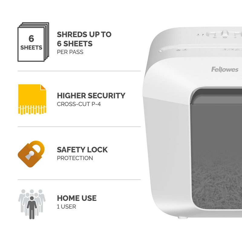Fellowes LX Series Paper Shredder LX25 6 Sheet Cross Cut Shredder with 11.5 Litre Bin High Security P4 White