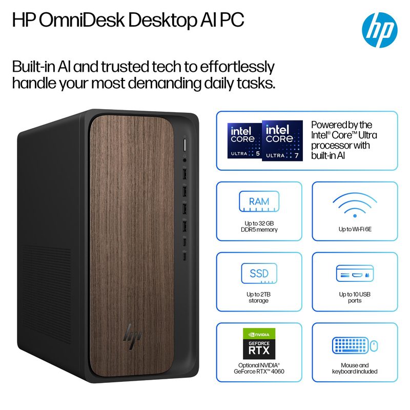 HP OmniDesk AI M03-0003sa Intel Core Ultra 7 265 16 GB DDR5-SDRAM 1 TB SSD Windows 11 Home Tower PC AI PC Wood, Black