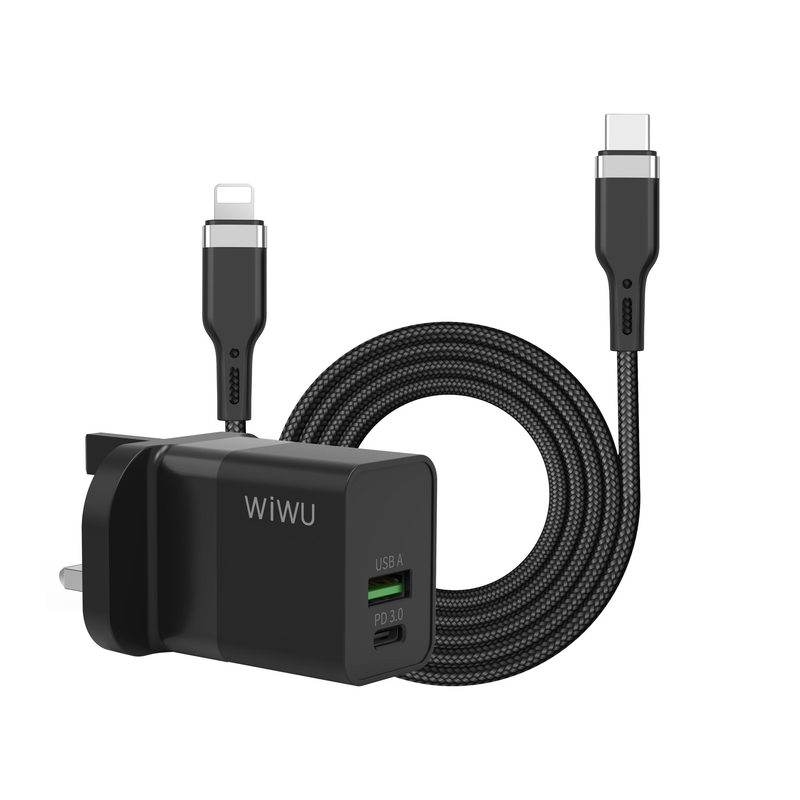 WiWU 30W PD Fast Wall Charger for iPhone Dual Ports USB A Type C with Cable UK Plug Mobile Phone Charging