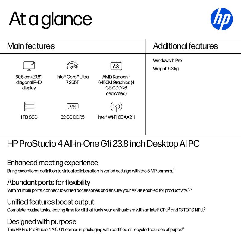 HP ProStudio 4 G1i AI PC Intel Core Ultra 7 265T 60.5 cm (23.8") 1920 x 1080 pixels All-in-One PC 32 GB DDR5-SDRAM 1 TB SSD Windows 11 Pro Wi-Fi 6E (802.11ax) Black
