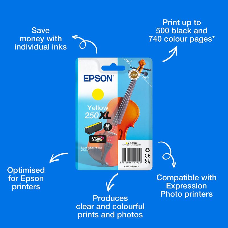 Epson Single Yellow 250XL Violin Claria Photo HD Ink