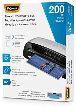Fellowes Thermal Laminating Pouches, 3mil Letter Size Sheets, 9 x 11.5, 200 Pack, Clear (5743401)