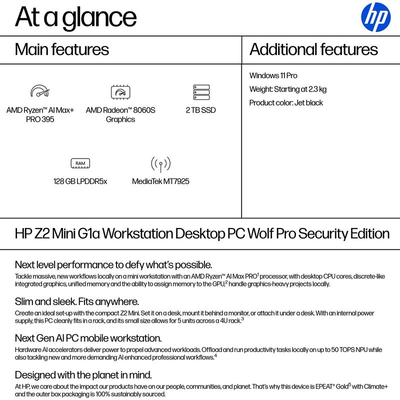 HP Z2 G1a Wolf Pro Security Edition Copilot+ PC AMD Ryzen AI Max+ PRO PRO 395 128 GB LPDDR5x-SDRAM 2 TB SSD Windows 11 Pro Mini PC Workstation AI Workstation, AI PC Black