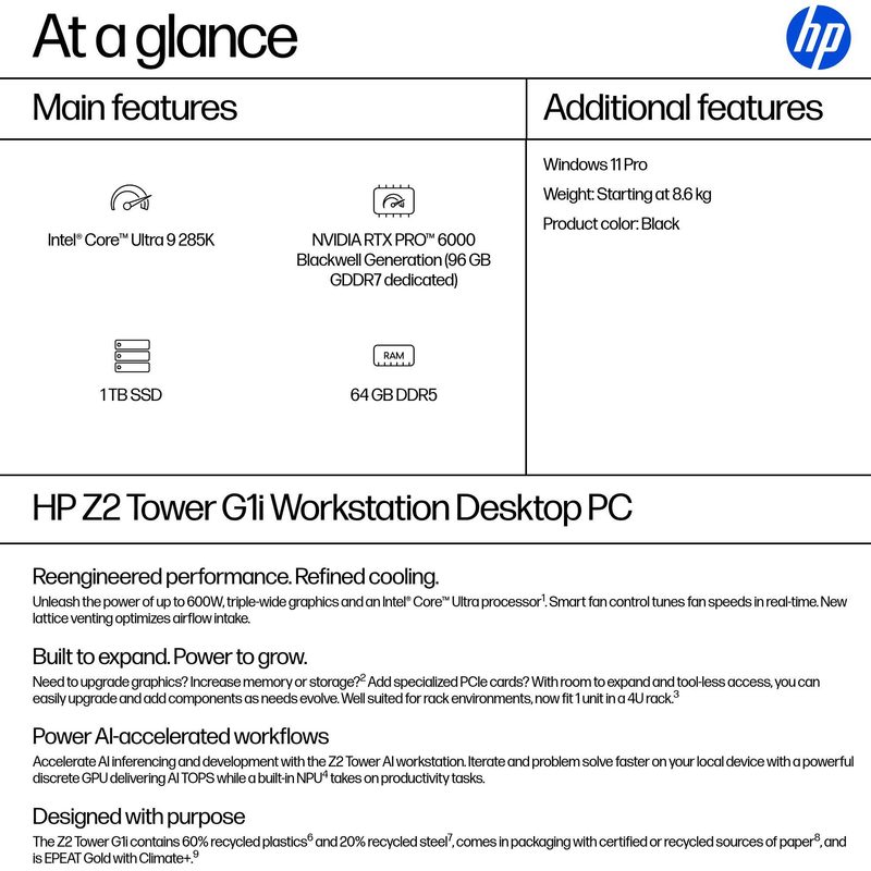 HP Z2 Tower G1i Intel Core Ultra 9 285K 64 GB DDR5-SDRAM 1 TB SSD Windows 11 Pro Workstation AI Workstation, AI PC Black