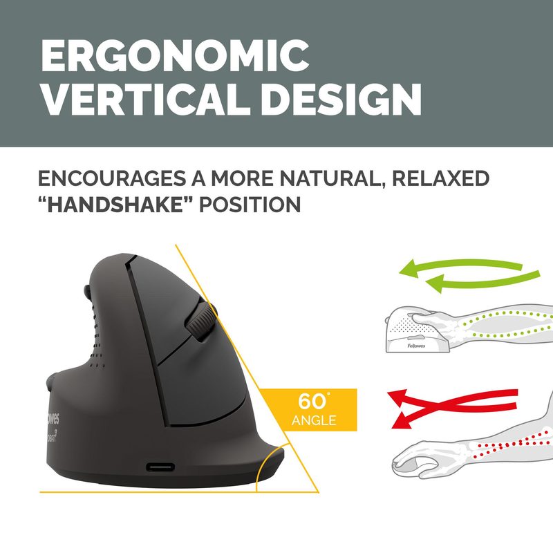 Fellowes Vertical Wireless Mouse Breyta Plus+ Ergonomic Left Handed Vertical Mouse with Antibacterial Protection Large