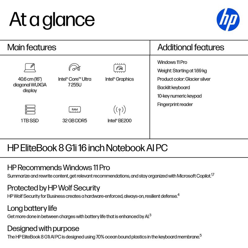 HP EliteBook 8 G1i AI PC Intel Core Ultra 7 255U Laptop 40.6 cm (16") WUXGA 32 GB DDR5-SDRAM 1 TB SSD Wi-Fi 7 (802.11be) Windows 11 Pro Silver